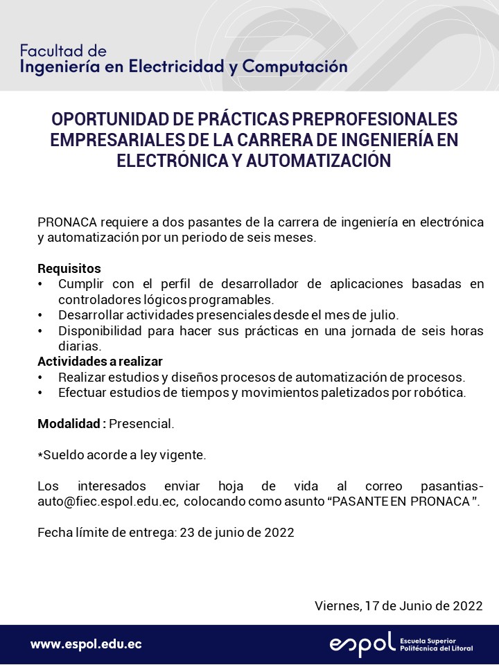 Oportunidad de Pasantías en PRONACA Ingeniería en Electrónica y